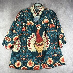 Chery Betty Blouse XL Green Peacock Floral Boho Ruffle Neck Top Thanksgiving